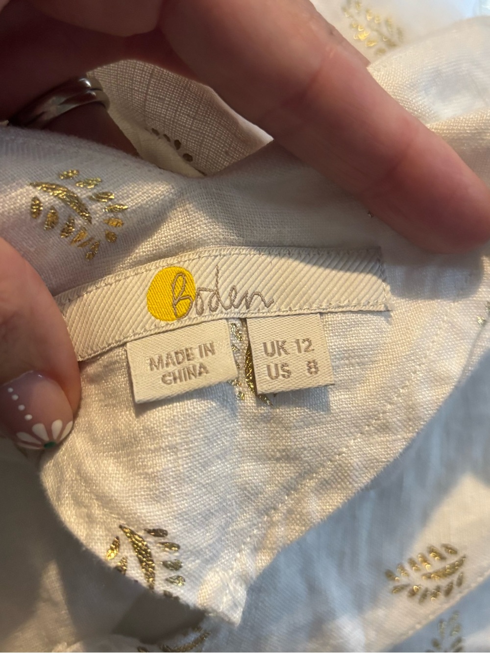 Boden White Linen Gold Palm Leaf Print V-Neck Cap Sleeve Top Size 8 - Picture 6 of 8